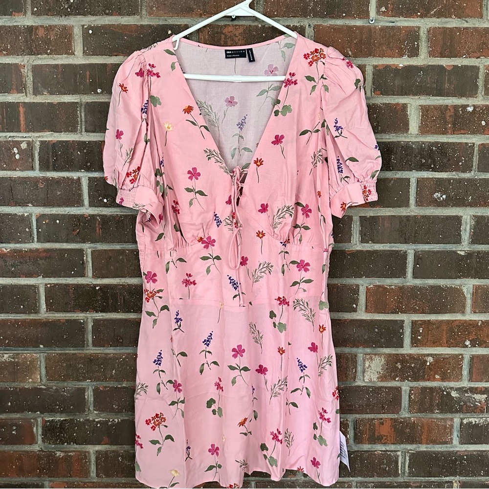 NWT Pink Floral ASOS Design Milkmaid Tie Up Mini Dress